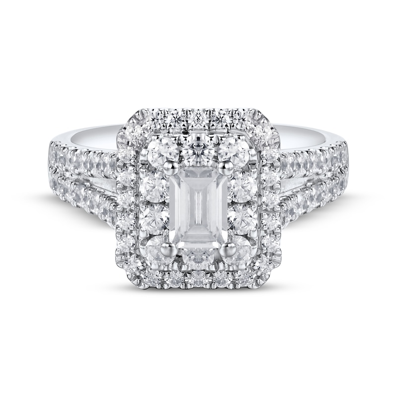 Main Image 4 of Emerald-Cut Diamond Double Halo Engagement Ring 1-3/4 ct tw 14K White Gold