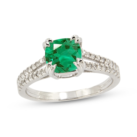 Cushion-Cut Lab-Created Emerald & White Lab-Created Sapphire Ring Sterling Silver