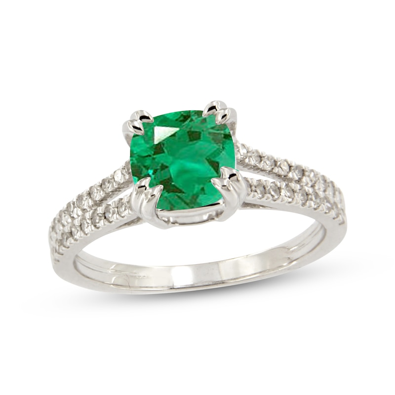 Main Image 1 of Cushion-Cut Lab-Created Emerald & White Lab-Created Sapphire Ring Sterling Silver