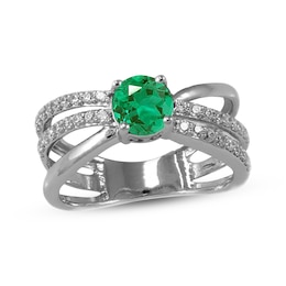 Lab-Created Emerald & White Lab-Created Sapphire Orbit Ring Sterling Silver