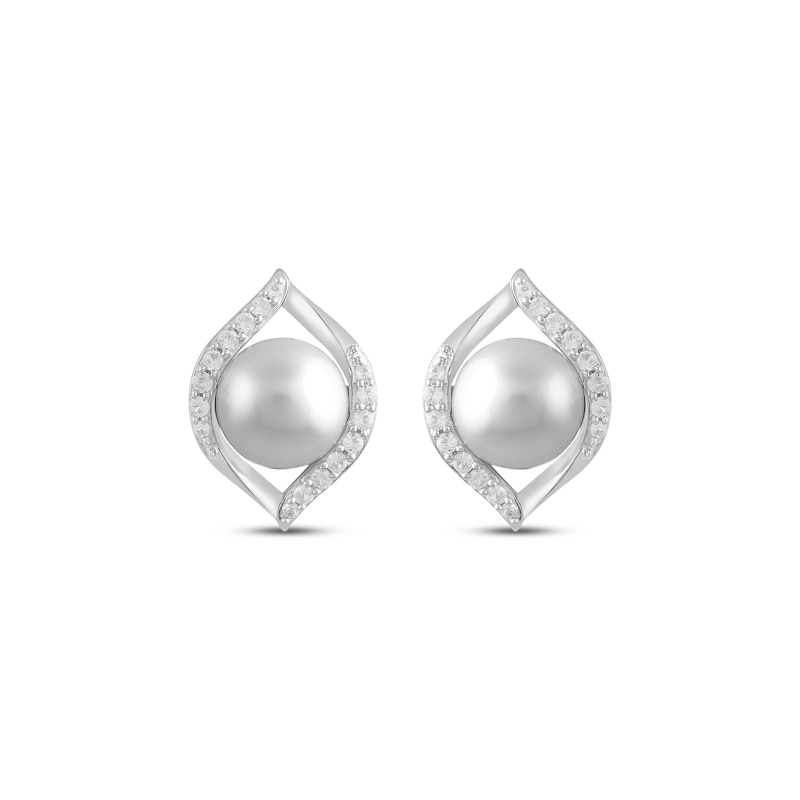 Cultured Pearl & White Lab-Created Sapphire Stud Earrings Sterling Silver