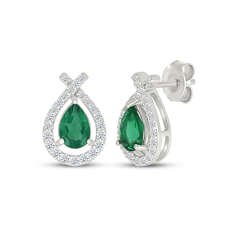 Main Image 1 of Pear-Shaped Lab-Created Emerald & White Lab-Created Sapphire Teardrop Earrings Sterling Silver