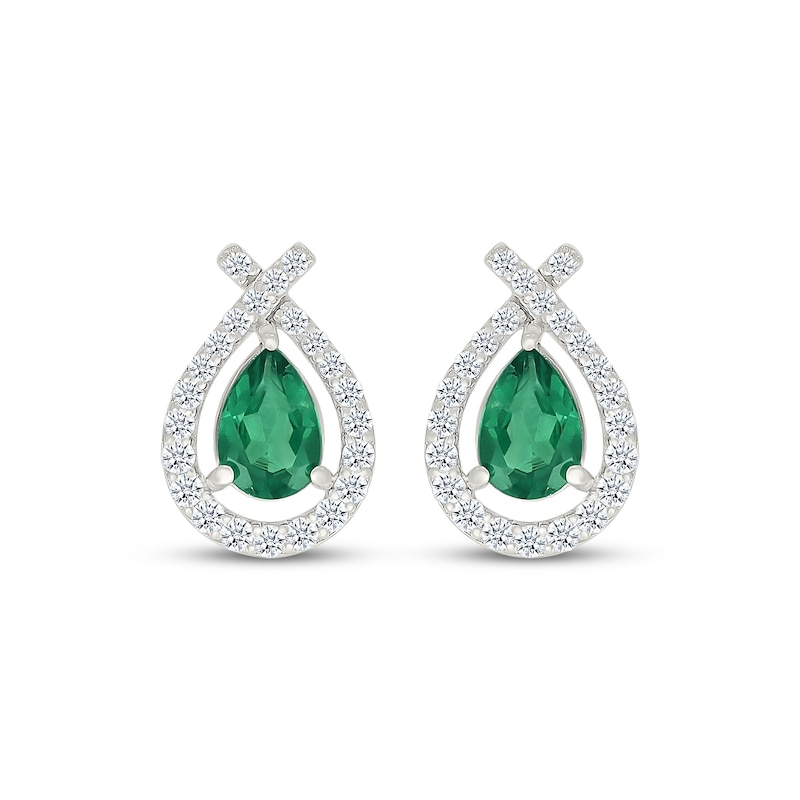 Main Image 2 of Pear-Shaped Lab-Created Emerald & White Lab-Created Sapphire Teardrop Earrings Sterling Silver