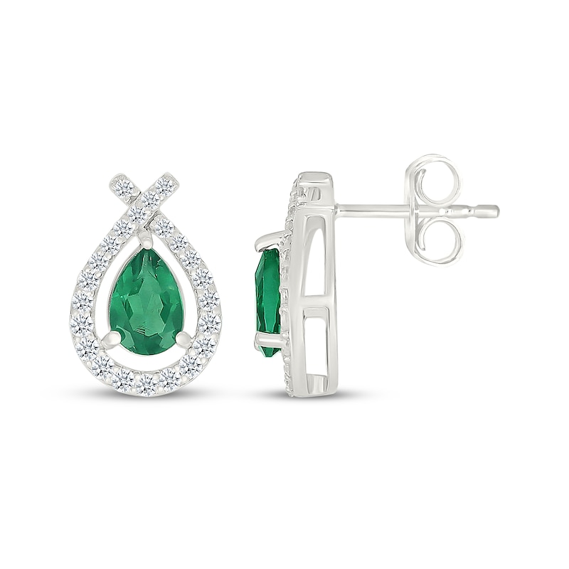 Main Image 3 of Pear-Shaped Lab-Created Emerald & White Lab-Created Sapphire Teardrop Earrings Sterling Silver