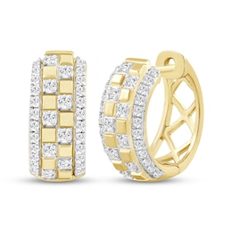 Men's Diamond Checkerboard Huggie Hoop Earrings 1/2 ct tw 10K Yellow Gold