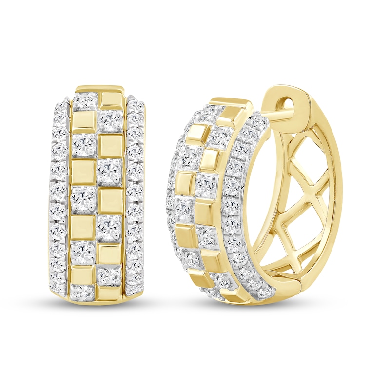 Main Image 1 of Men's Diamond Checkerboard Huggie Hoop Earrings 1/2 ct tw 10K Yellow Gold