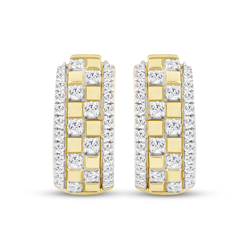 Main Image 2 of Men's Diamond Checkerboard Huggie Hoop Earrings 1/2 ct tw 10K Yellow Gold