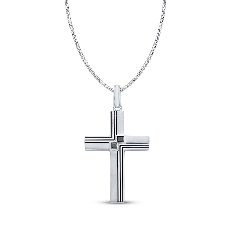 Main Image 1 of Men's Square-Cut Black Diamond Cross Necklace 1/5 ct tw Sterling Silver 22&quot;