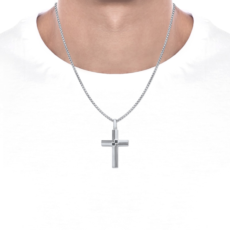 Main Image 4 of Men's Square-Cut Black Diamond Cross Necklace 1/5 ct tw Sterling Silver 22&quot;