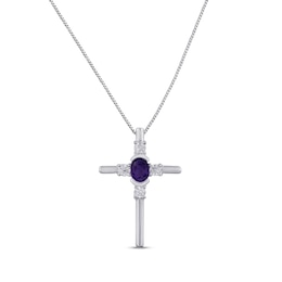 Amethyst & White Lab-Created Sapphire Cross Necklace Sterling Silver 18&quot;