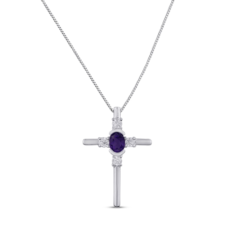 Main Image 1 of Amethyst & White Lab-Created Sapphire Cross Necklace Sterling Silver 18&quot;