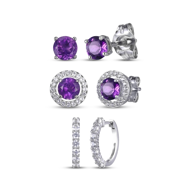 Main Image 1 of Round-Cut Amethyst & White Lab-Created Sapphire Stud & Hoop Earrings Gift Set Sterling Silver