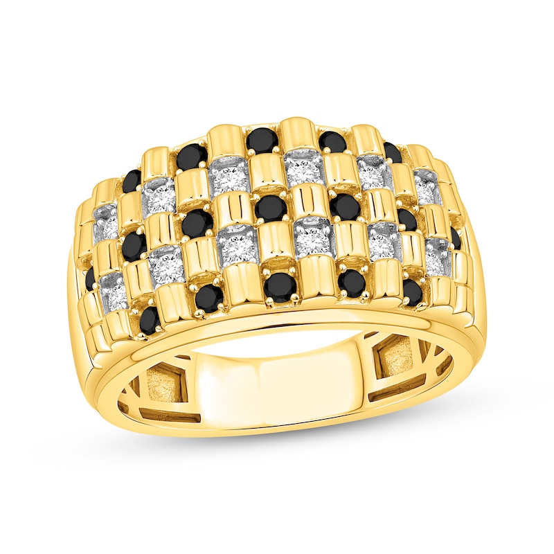 Men's Black & White Diamond Checkerboard Ring 3/4 ct tw 10K Yellow Gold