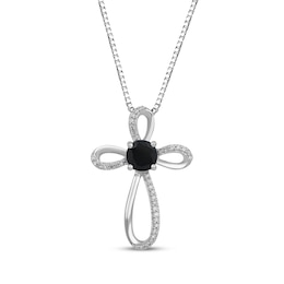 Black Onyx & White Lab-Created Sapphire Cross Necklace Sterling Silver 18&quot;