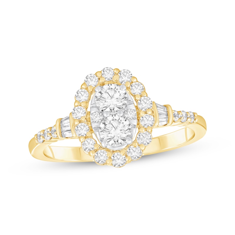 Main Image 1 of Multi-Diamond Center Oval Halo Engagement Ring 3/4 ct tw 10K Two-Tone Gold