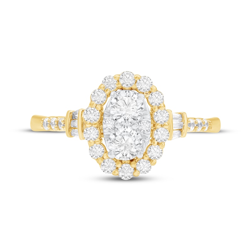 Main Image 3 of Multi-Diamond Center Oval Halo Engagement Ring 3/4 ct tw 10K Two-Tone Gold