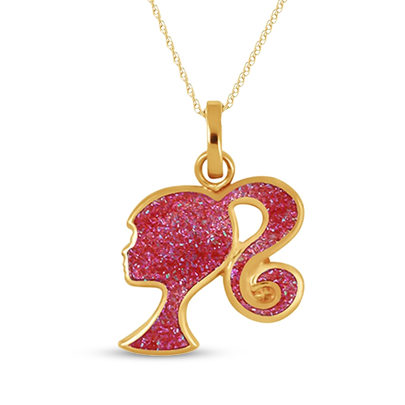 Main Image 1 of Children's Barbie Silhouette Pink Glitter Necklace 14K Yellow Gold 13&quot;