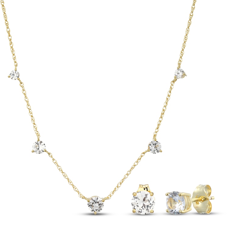 Main Image 1 of White Lab-Created Sapphire Station Necklace & Stud Earrings Gift Set 18K Yellow Gold-Plated Sterling Silver