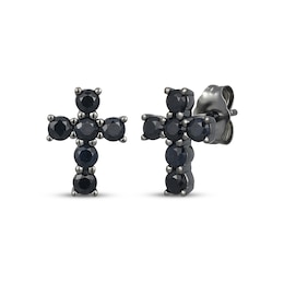 Men's Black Lab-Created Sapphire Cross Stud Earrings Antique Finished Sterling Silver