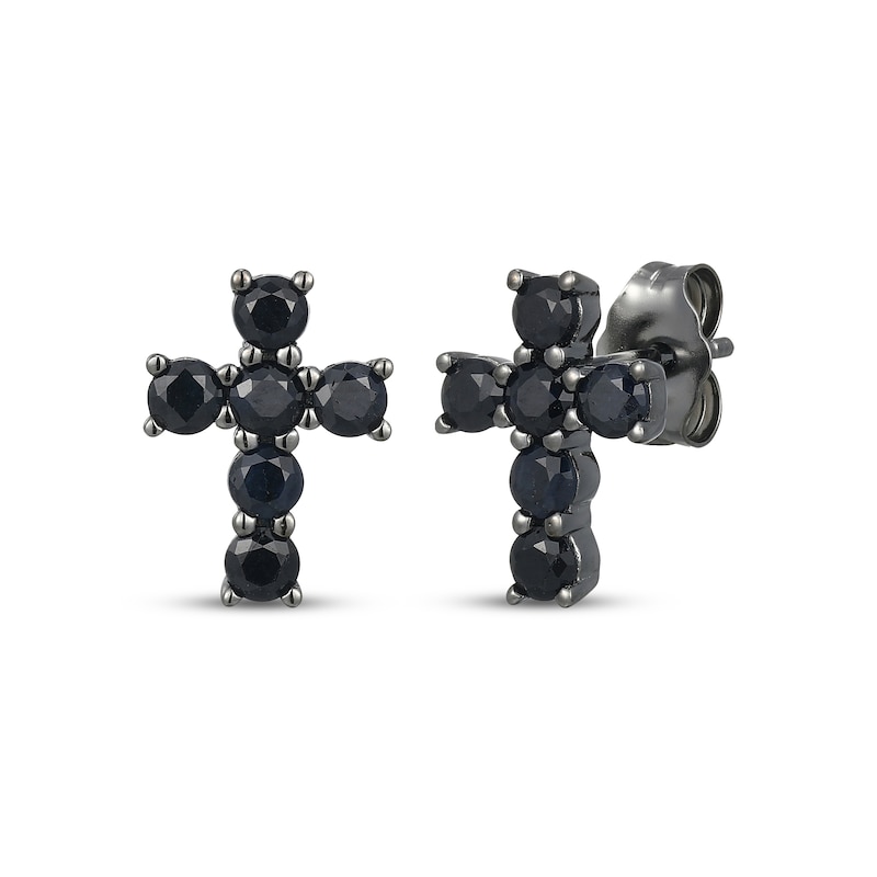 Main Image 1 of Men's Black Lab-Created Sapphire Cross Stud Earrings Antique Finished Sterling Silver