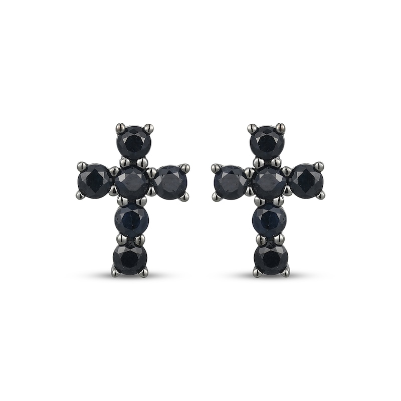 Main Image 2 of Men's Black Lab-Created Sapphire Cross Stud Earrings Antique Finished Sterling Silver