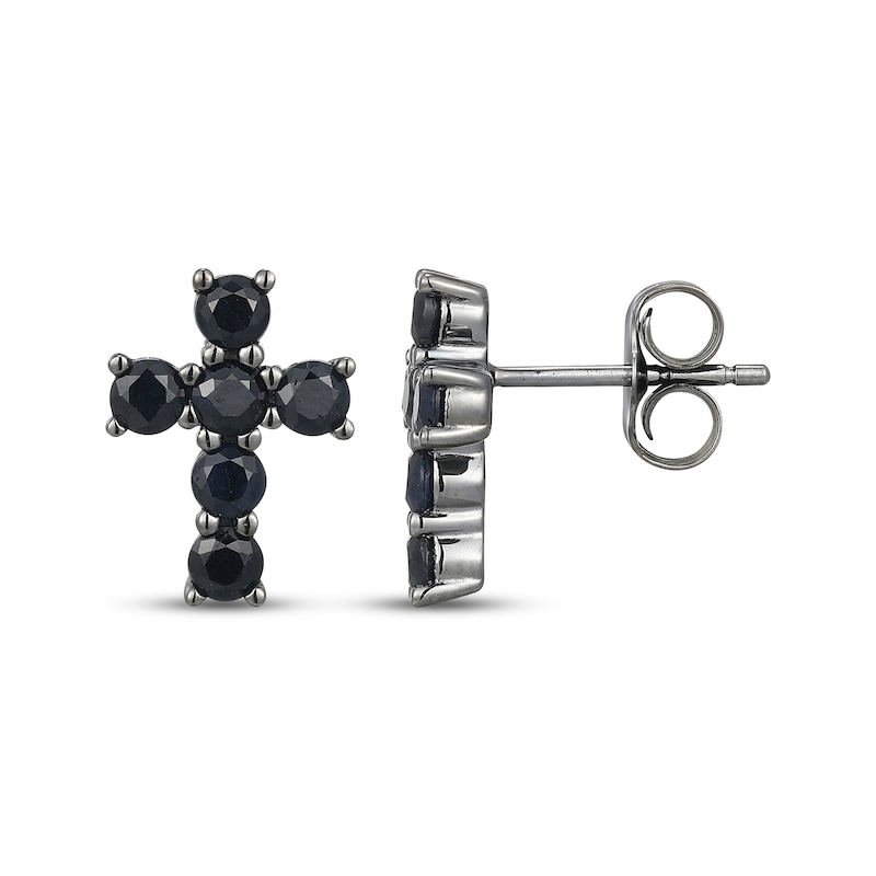 Main Image 3 of Men's Black Lab-Created Sapphire Cross Stud Earrings Antique Finished Sterling Silver