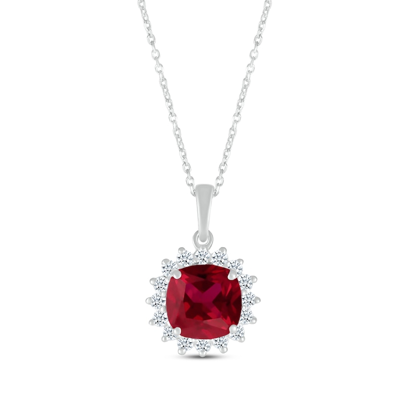 Main Image 1 of Cushion-Cut Lab-Created Ruby & Round-Cut White Lab-Created Sapphire Starburst Halo Necklace Sterling Silver 18”