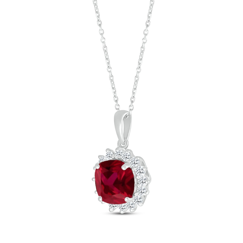 Main Image 2 of Cushion-Cut Lab-Created Ruby & Round-Cut White Lab-Created Sapphire Starburst Halo Necklace Sterling Silver 18”