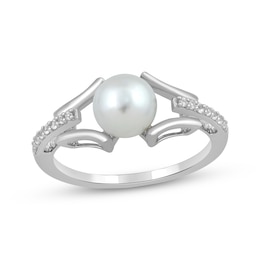 Cultured Pearl & White Lab-Created Sapphire Abstract Frame Ring Sterling Silver