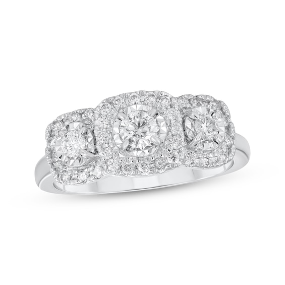 Diamond Three-Stone Halo Engagement Ring 5/8 ct tw 10K White Gold