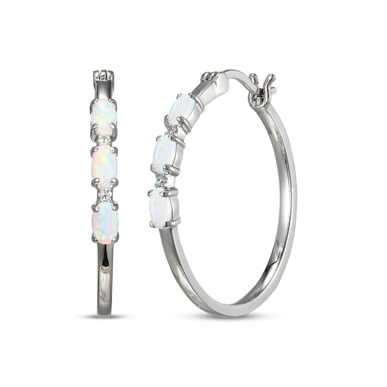 Oval-Cut Lab-Created Opal & White Lab-Created Sapphire Hoop Earrings Sterling Silver