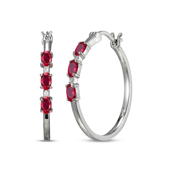 Oval-Cut Lab-Created Ruby & White Lab-Created Sapphire Hoop Earrings Sterling Silver