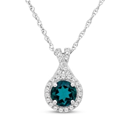 Lab-Created Emerald & White Lab-Created Sapphire Halo Necklace Sterling Silver 18&quot;