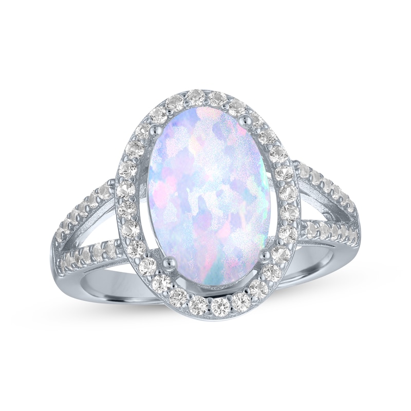 Main Image 1 of Oval-Cut Lab-Created Opal & White Lab-Created Sapphire Ring Sterling Silver