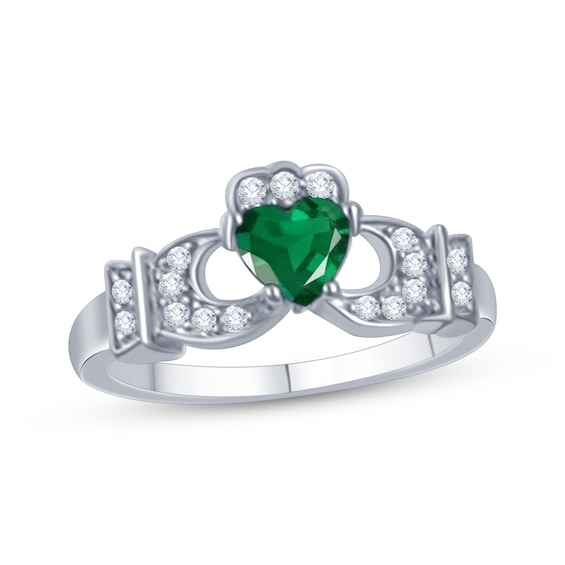 Heart-Shaped Lab-Created Emerald & White Lab-Created Sapphire Claddagh Ring Sterling Silver