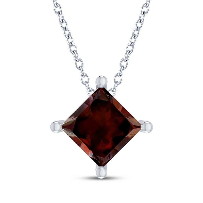 Square-Cut Garnet Solitaire Necklace Sterling Silver 18"