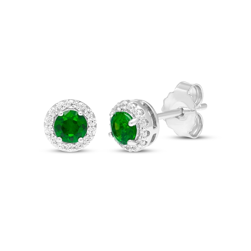 Main Image 1 of Lab-Created Emerald & White Lab-Created Sapphire Halo Stud Earrings Sterling Silver