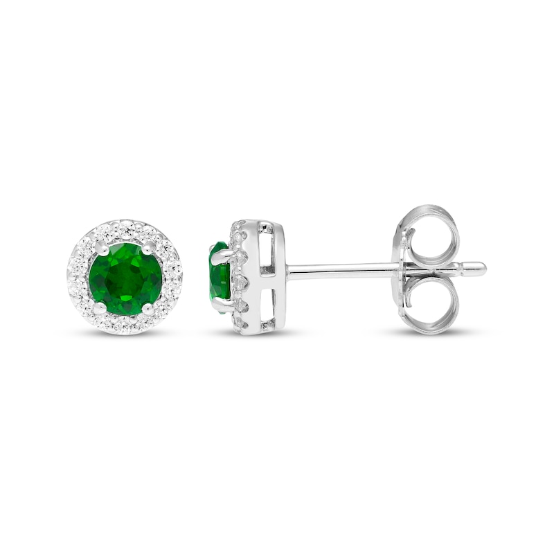 Main Image 3 of Lab-Created Emerald & White Lab-Created Sapphire Halo Stud Earrings Sterling Silver