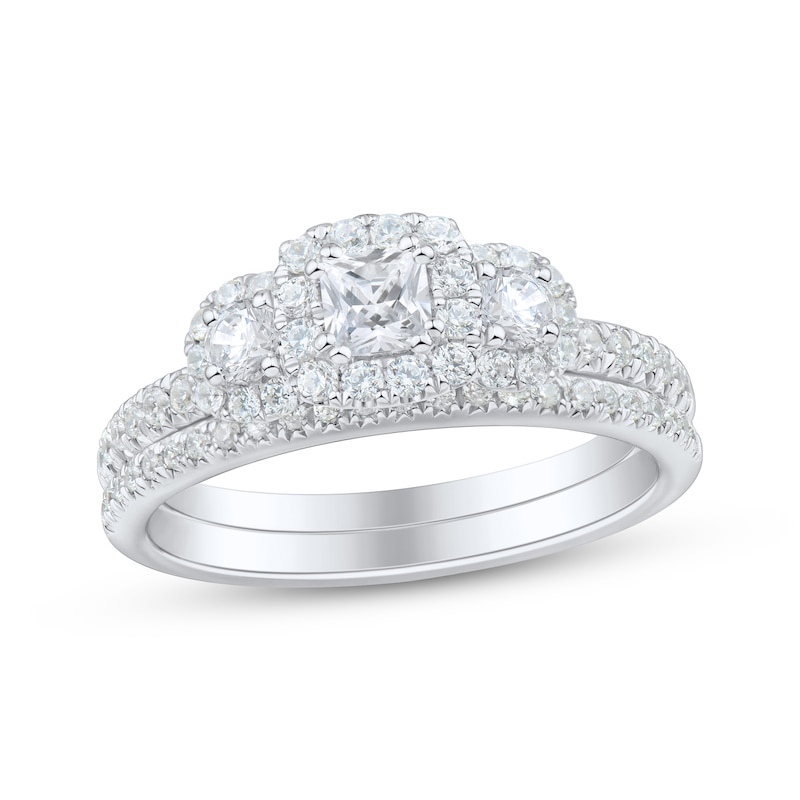 Main Image 1 of Princess-Cut Diamond Three-Stone Halo Bridal Set 7/8 ct tw 14K White Gold