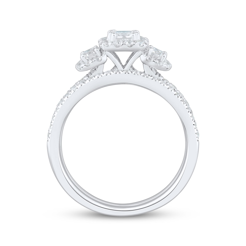 Main Image 2 of Princess-Cut Diamond Three-Stone Halo Bridal Set 7/8 ct tw 14K White Gold