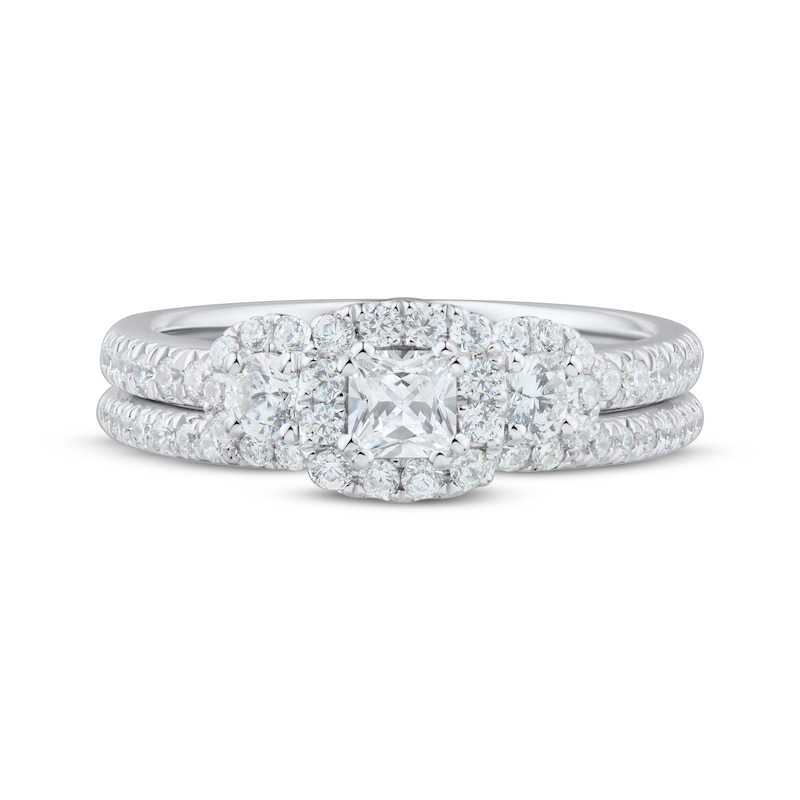 Main Image 3 of Princess-Cut Diamond Three-Stone Halo Bridal Set 7/8 ct tw 14K White Gold