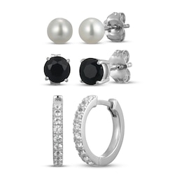 Cultured Pearl, Onyx & White Lab-Created Sapphire Three Pair Earrings Set Sterling Silver