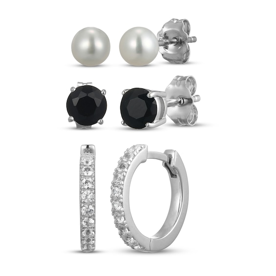 Cultured Pearl, Onyx & White Lab-Created Sapphire Three Pair Earrings Set Sterling Silver