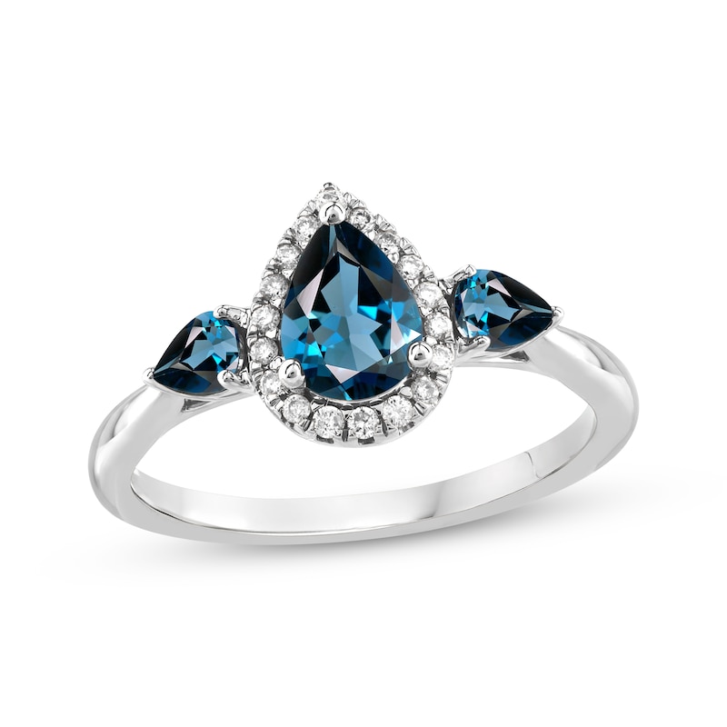 Main Image 1 of Memories Moments Magic Pear-Shaped London Blue Topaz & Diamond Three-Stone Ring 1/10 ct tw Sterling Silver