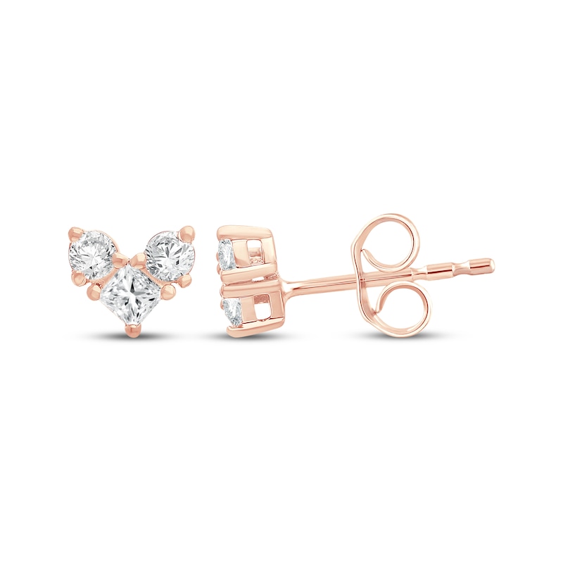 Main Image 1 of Lab-Grown Diamonds by KAY Princess & Round-Cut Three-Stone Stud Earrings 1/4 ct tw 14K Rose Gold