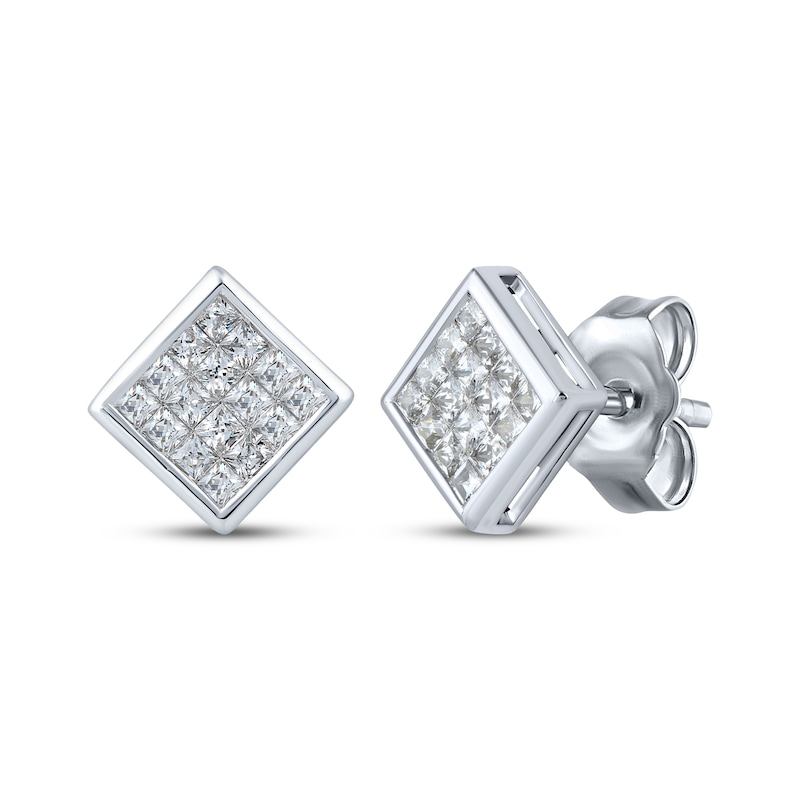 Main Image 1 of Men's Square-Cut Multi-Diamond Stud Earrings 1-1/4 ct tw Sterling Silver