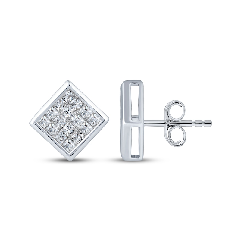 Main Image 3 of Men's Square-Cut Multi-Diamond Stud Earrings 1-1/4 ct tw Sterling Silver