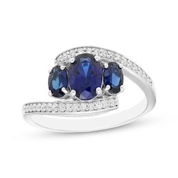 Memories Moments Magic Oval-Cut Blue Lab-Created Sapphire & Diamond Three-Stone Bypass Ring 1/8 ct tw Sterling Silver