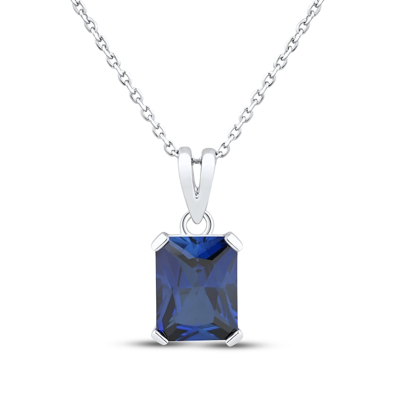 Main Image 1 of Emerald-Cut Blue Lab-Created Sapphire Solitaire Necklace Sterling Silver 18&quot;