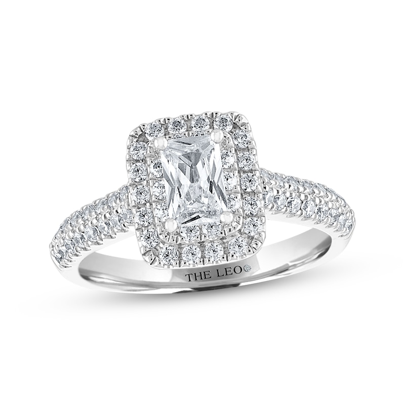 Main Image 1 of THE LEO Diamond Emerald-Cut Halo Engagement Ring 1 ct tw 14K White Gold